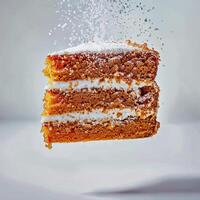 Isolated slice of carrot sponge cake frosted with cheese cream on the white background photo