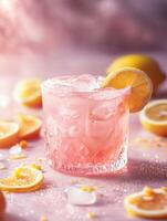 Refreshing Pink Lemonade Cocktail with Ice and Lemon Slices photo