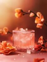Refreshing Pink Cocktail Surrounded by Beautiful Flowers photo
