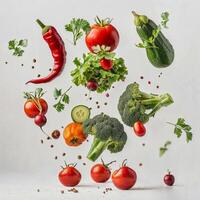 Different fresh vegetables such as broccoli, tomato, pepper,salad flying in air on white background photo