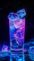 Vibrant Cocktail with Ice Cubes Glowing in Purple and Blue Lights photo