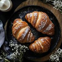 Freshly Baked Croissants Styled with Floral Accents and Soft Lighting photo
