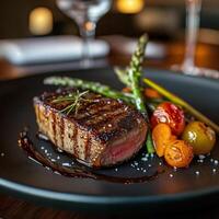 Grilled Steak with Seasonal Vegetables and Sauce on a Plate photo