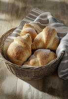 Delicious Croissants Dusting with Powdered Sugar in a Rustic Basket photo