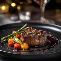 Elegant Plate of Gourmet Grilled Steak with Colorful Vegetables photo
