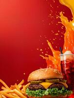 Delectable Burger with Fries and Drink Splashing Against a Vibrant Red Background photo