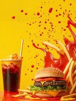 Delicious Fast Food Spread with Burger, Fries, and Refreshing Drink on a Yellow Background photo