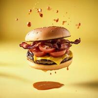 Delicious Bacon Cheeseburger with Fresh Tomatoes and Saucy Drips photo