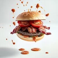 Juicy Bacon Tomato Burger with Tasty Sauce Dripping Effect photo