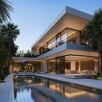 Modern Luxury Home with Pool and Lush Landscaping at Dusk photo