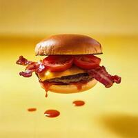 Delicious Cheeseburger with Bacon and Fresh Tomatoes on Yellow Background photo