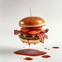 Delicious bacon cheeseburger dripping with sauce and fresh ingredients photo