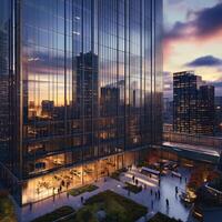 Modern Cityscape with Office Building and Lively Urban Plaza at Sunset photo