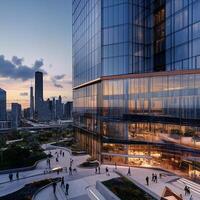 Modern Urban Architecture at Dusk with City Skyline Backdrop photo