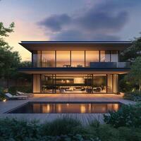 Modern two-story house with a stunning pool and lush greenery at sunset photo