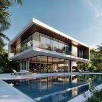 Modern Architectural Marvel with Stunning Pool and Lush Surroundings photo