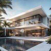 Modern Luxury Tropical Home with Pool and Large Windows photo