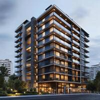 Modern Apartment Building with Stylish Balconies and Elegant Facade photo