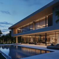 Modern Luxury House with Pool at Dusk Surrounded by Lush Greenery photo