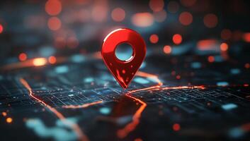 Shiny red location pin on a digital map with abstract neon elements photo