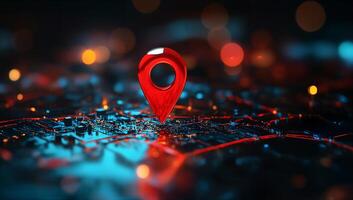 Prominent Red Location Pin Over a Neon City Map Displaying Connectivity photo