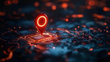 Shiny red sign of location pin on a digital map with abstract neon elements photo