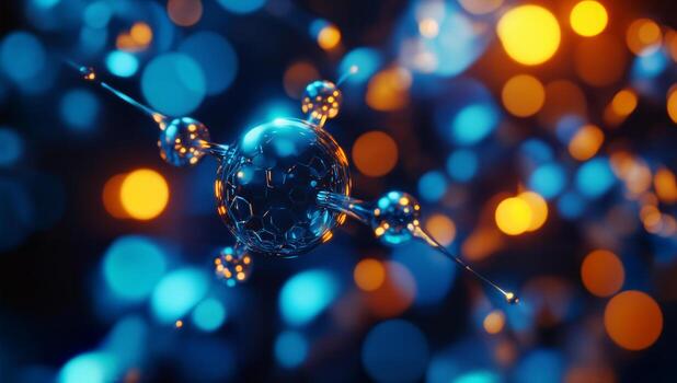 Abstract representation of molecular structures amidst colorful bokeh lights photo