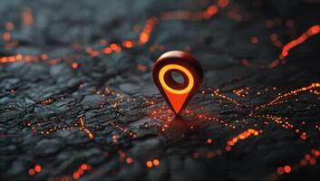 Glowing Map Pin Indicator on Dark Terrain with Red Trails photo