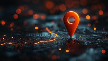 Glowing Orange Location Pin on an Abstract Background photo