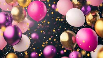 Colorful Balloons with Confetti Celebrating a Joyful Occasion, background for celebrating and birthday photo
