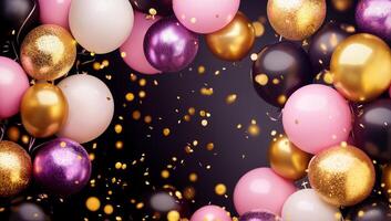 Colorful Balloons with Confetti on Dark Background for Celebrations, background for celebrating and birthday photo