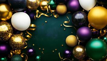 Colorful Christmas Ornaments and Ribbons on Festive Background, background for celebrating and birthday photo