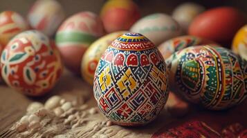 Vibrantly Decorated Easter Eggs on Wooden Surface photo