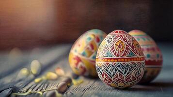 Colorful Hand-Painted Easter Eggs Displayed on Rustic Wooden Surface photo