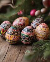 Vibrantly Colored Easter Eggs on Wooden Surface Surrounded by Greenery photo