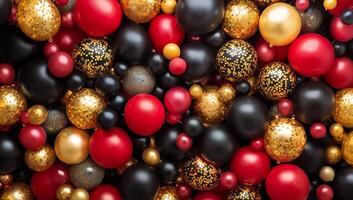 Colorful festive party balloons in red, black, and gold tones for celebrations, background for celebrating and birthday photo