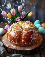 Delicious Decorated Easter Bread with Colorful Sprinkles and Fresh Flowers photo