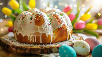 Festive Easter Cake Surrounded by Colorful Eggs and Spring Flowers photo