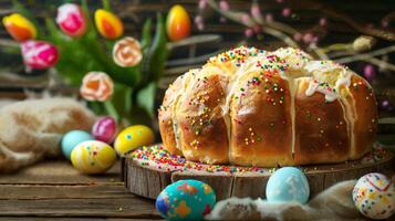 Colorful Easter Bread Surrounded by Decorated Eggs and Flowers photo