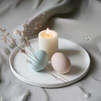 Serene Table Setting with Candles and Decorative Eggs for a Calm Atmosphere photo
