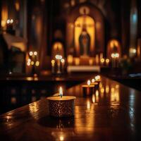 Serene Candlelight Amidst Sacred Icons in a Dimly Lit Sanctuary photo