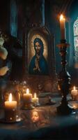 Sacred Icon Surrounded by Candles in a Dimly Lit Setting photo