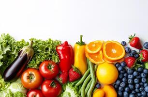 Fresh and Colorful Assortment of Fruits and Vegetables on White Background photo