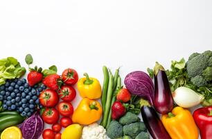 Vibrant Arrangement of Fresh Vegetables and Fruits Against White Background photo