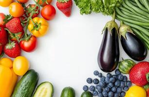 Fresh Assortment of Colorful Fruits and Vegetables Arranged on a White Background photo