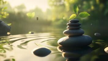Tranquil Zen Garden with Stacked Stones and Green Leaves photo