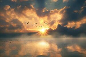 Golden Sunset with Silhouetted Birds Over Calm Water photo