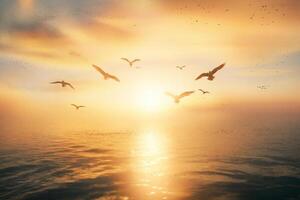Golden Sunset with Birds Soaring Above the Ocean's Surface photo