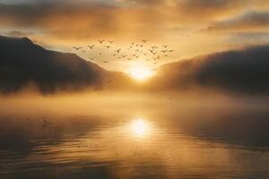 Tranquil Sunrise Over Misty Waters with Birds Flying photo