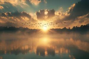 Serene Sunrise Over Misty Lake with Flock of Birds Soaring photo